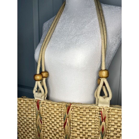 VTG Medium Size Beige Woven Straw Wood Bead Braided Rope Handle Tote Handbag - Picture 3 of 9